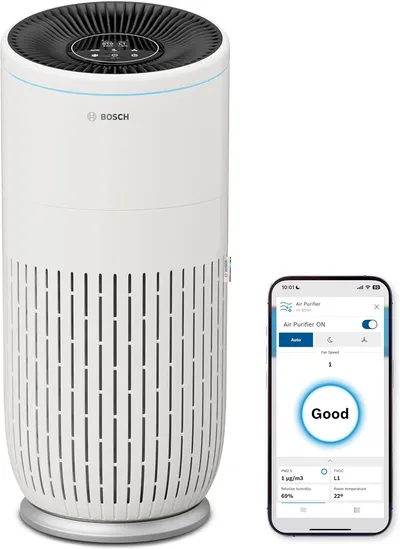 Bosch Air 6000i luchtreiniger vooraanzicht wit design met LCD-display