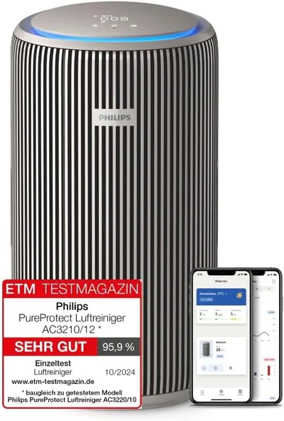 Philips PureProtect 3200 luchtreiniger met ETM Testmagazin Sehr Gut keurmerk en Air+ app